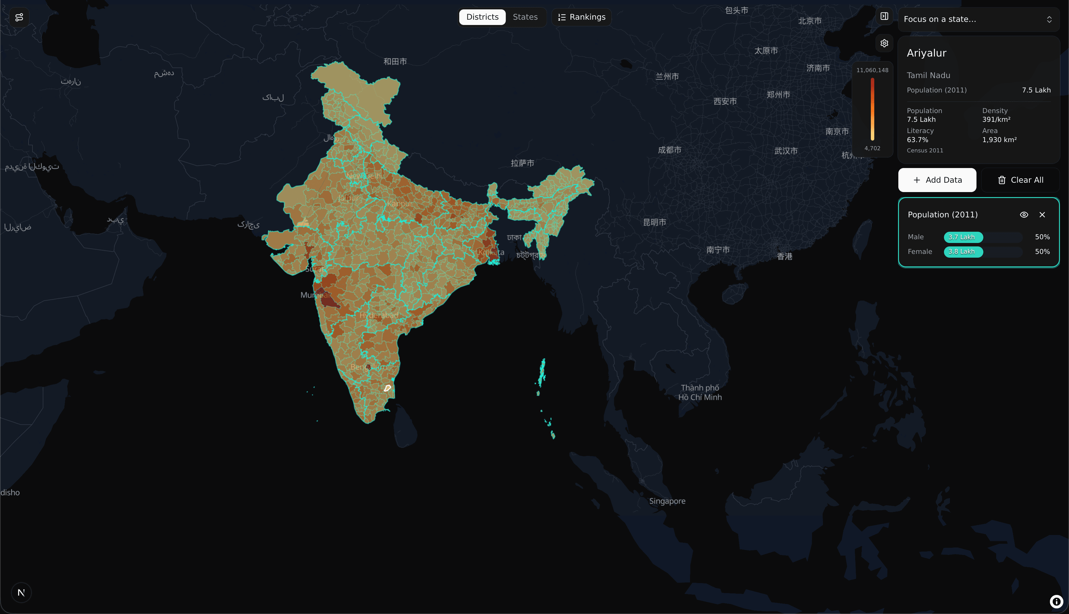 Explore map — district choropleth of India with layer, rankings and comparison panels